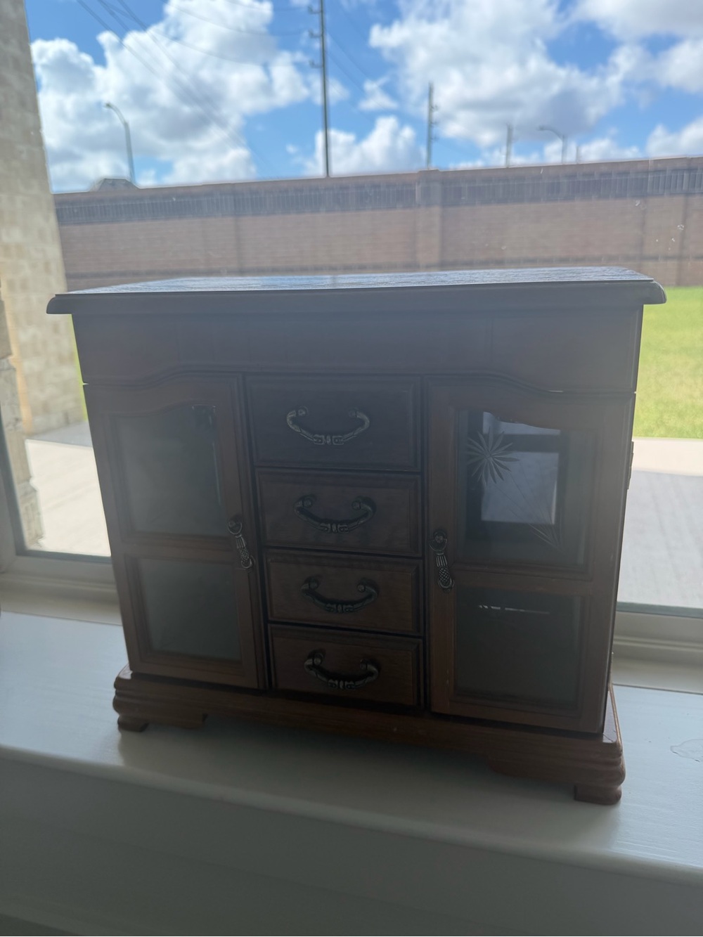 Wooden Jewelry Box with Glass Panels - Brown
